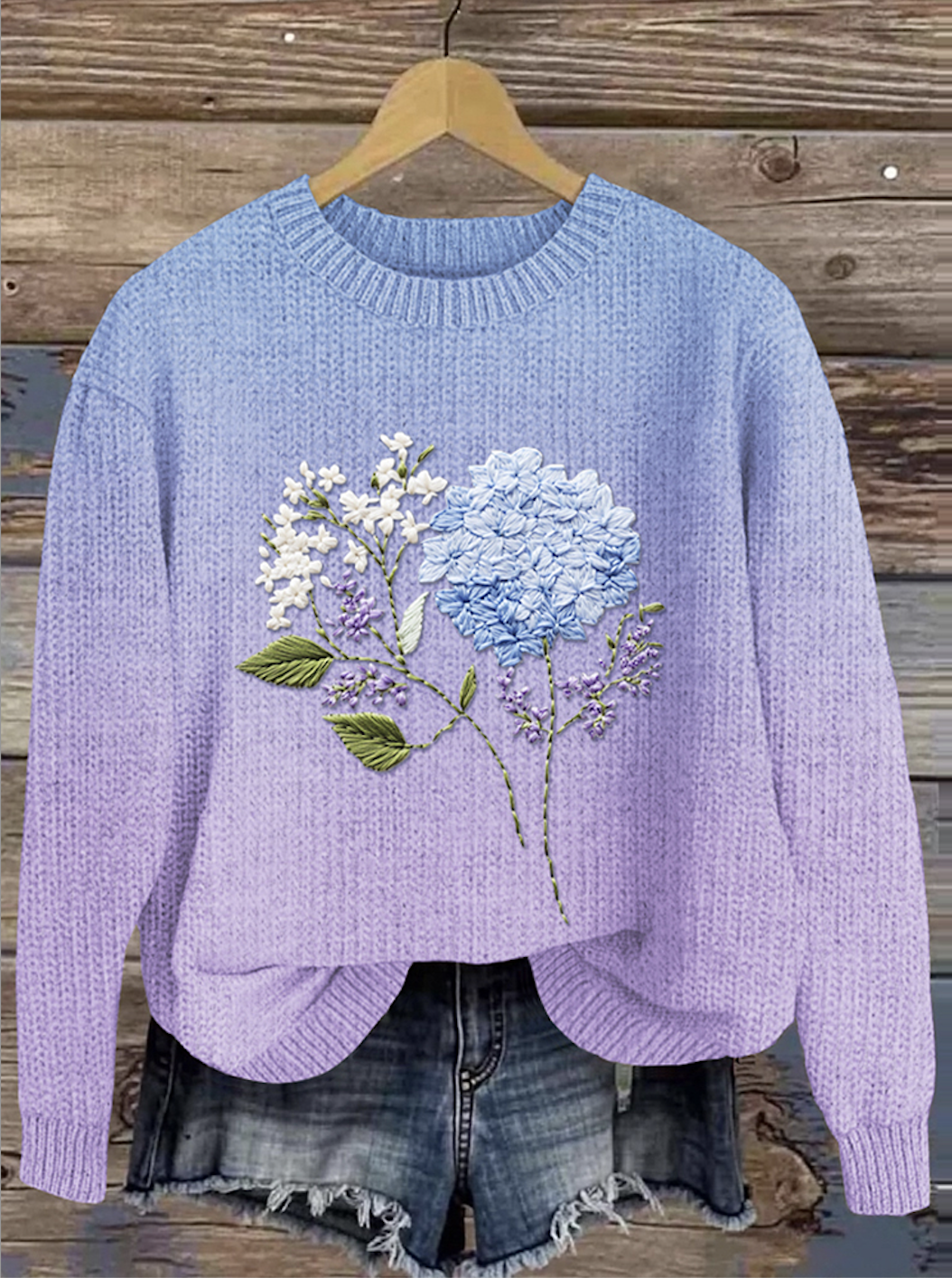 Floral Art Gradient Round Neck Sweater