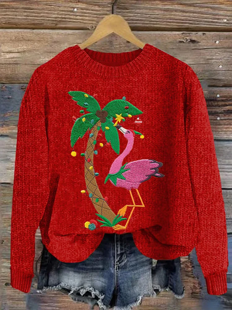 Christmas flamingo round neck sweater