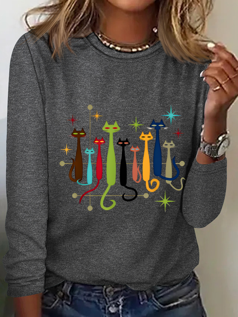 Vintage Retro Mid-Century Modern Look Cats Casual Long Sleeve Shirt