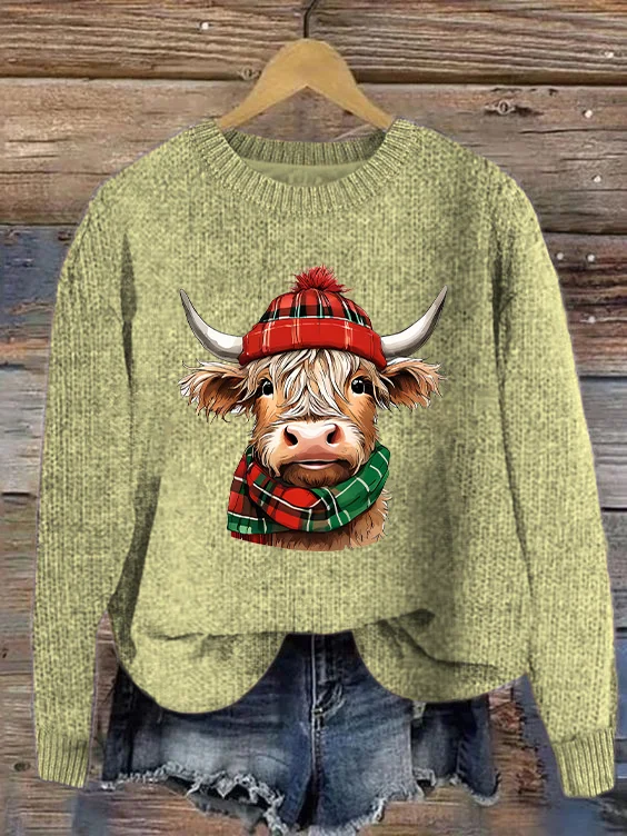 Women's Christmas Highland Cow Print Knitted Crew Neck Sweater