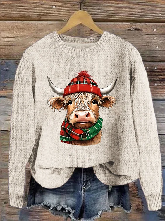 Women's Christmas Highland Cow Print Knitted Crew Neck Sweater