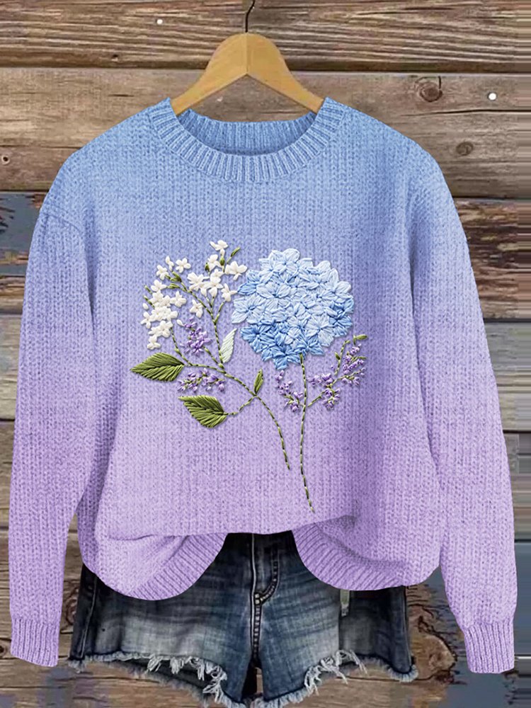 Floral Art Gradient Round Neck Sweater