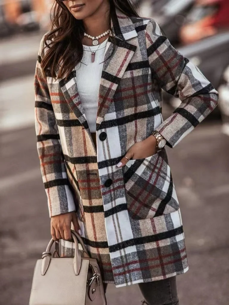 Shawl Collar Loose Plaid Casual Coat