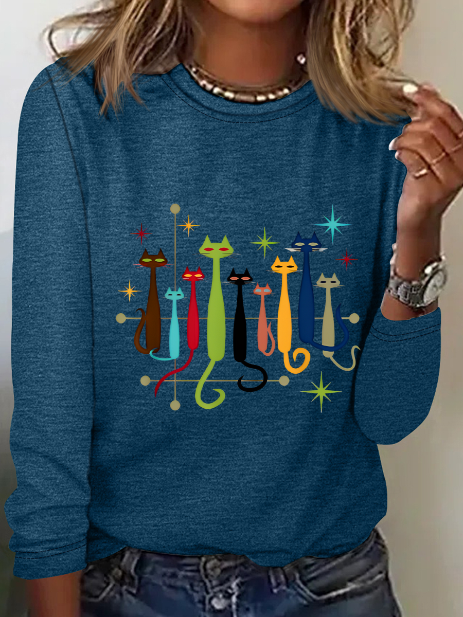 Vintage Retro Mid-Century Modern Look Cats Casual Long Sleeve Shirt