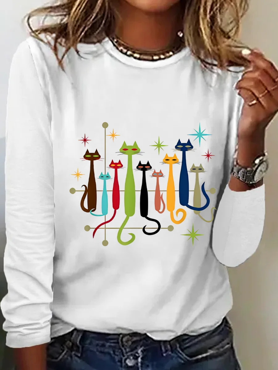 Vintage Retro Mid-Century Modern Look Cats Casual Long Sleeve Shirt