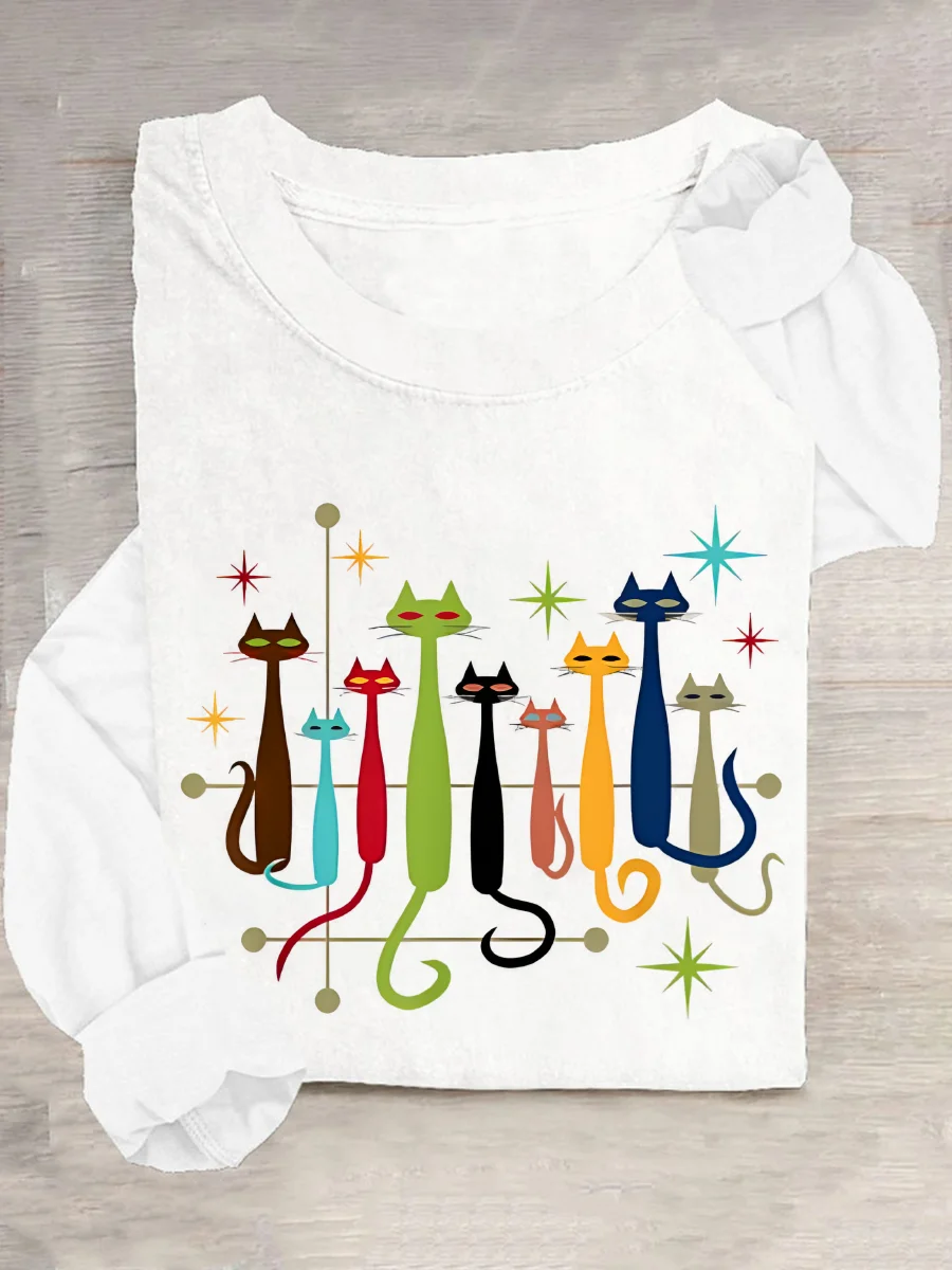 Vintage Retro Mid-Century Modern Look Cats Casual Long Sleeve Shirt