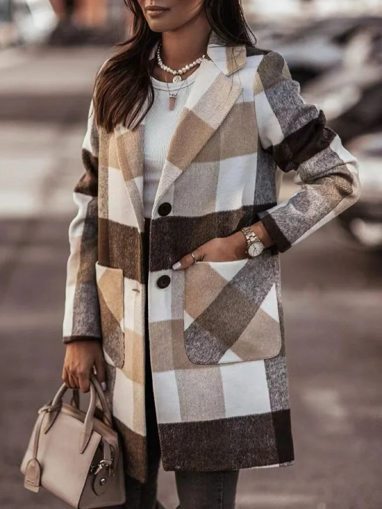 Shawl Collar Loose Plaid Casual Coat