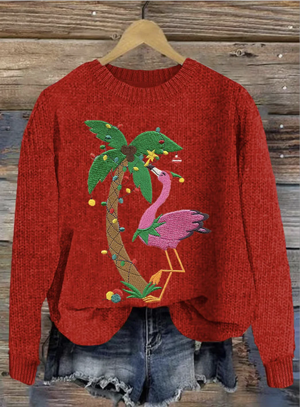 Christmas flamingo round neck sweater