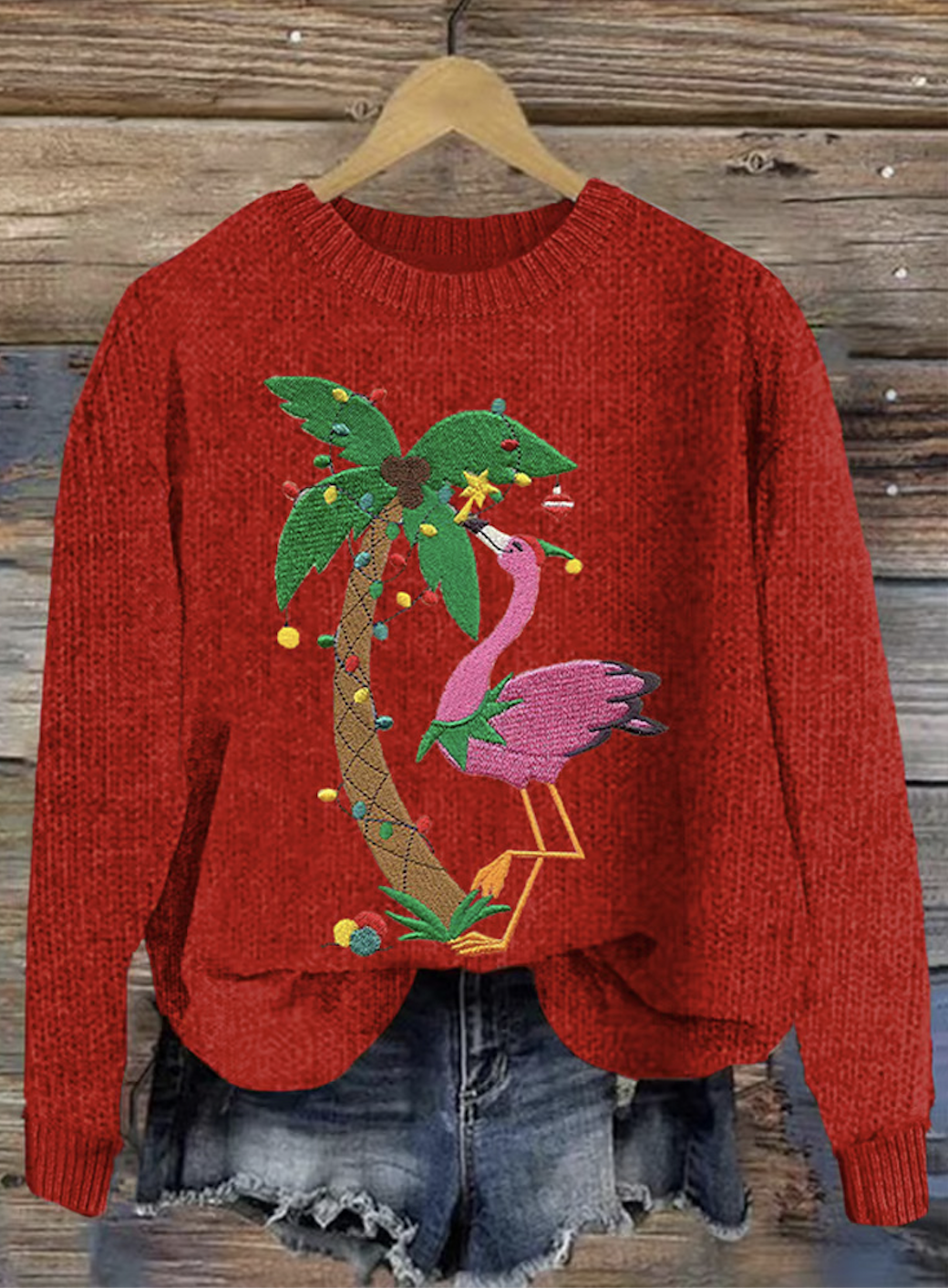 Christmas flamingo round neck sweater