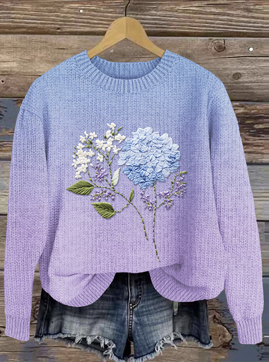 Floral Art Gradient Round Neck Sweater