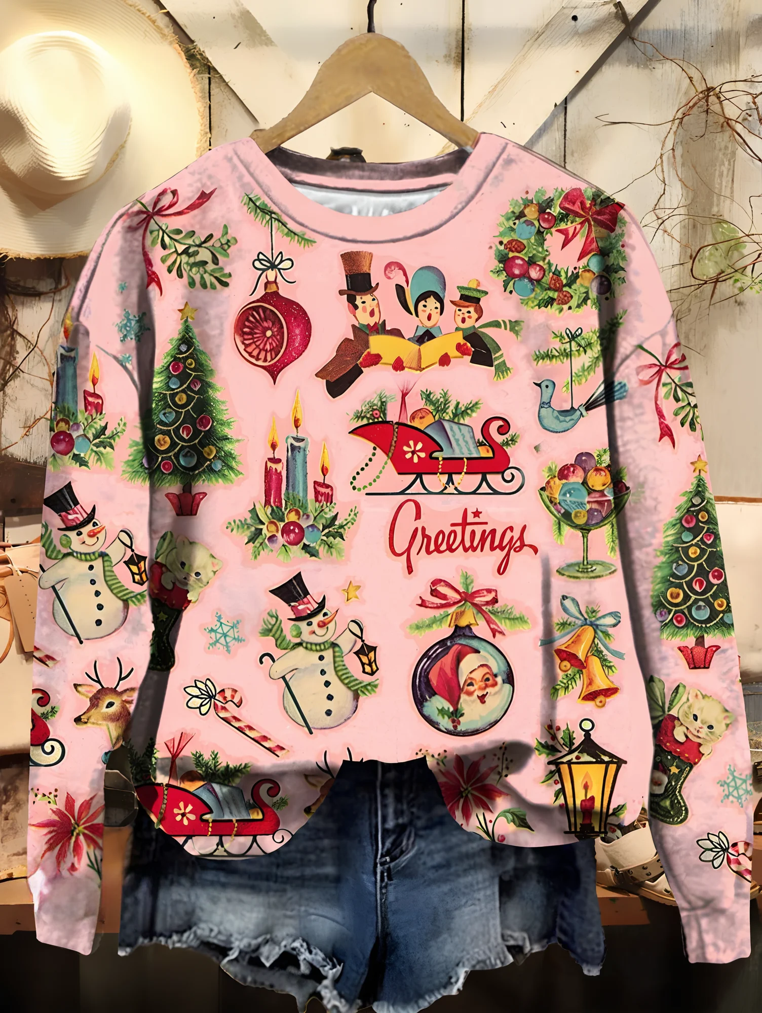 Women's Christmas Retro Old Fashion Vintage Scenes Print Casual Sweatshirt