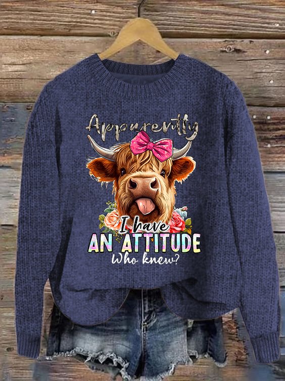 Women's Cute Highland Cow Print Knitted Crew Neck Sweater