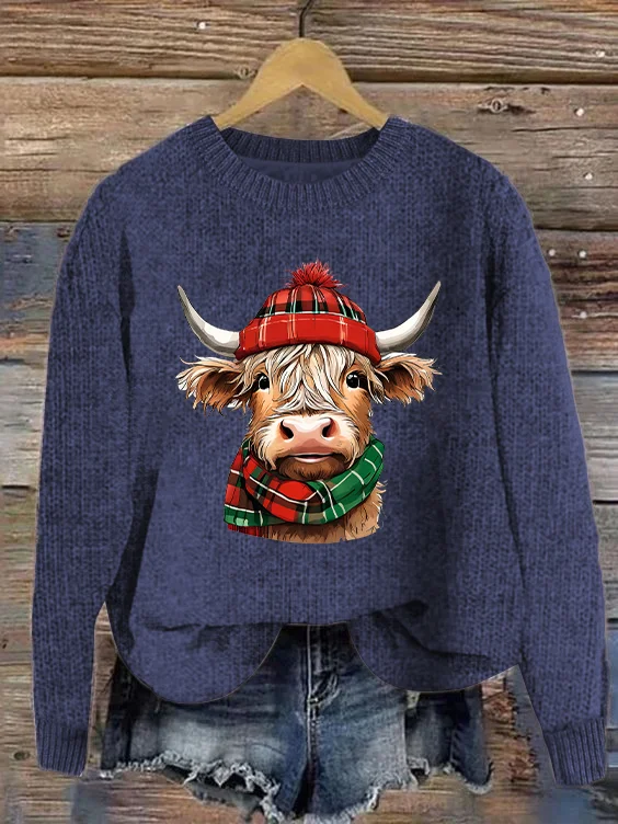 Women's Christmas Highland Cow Print Knitted Crew Neck Sweater