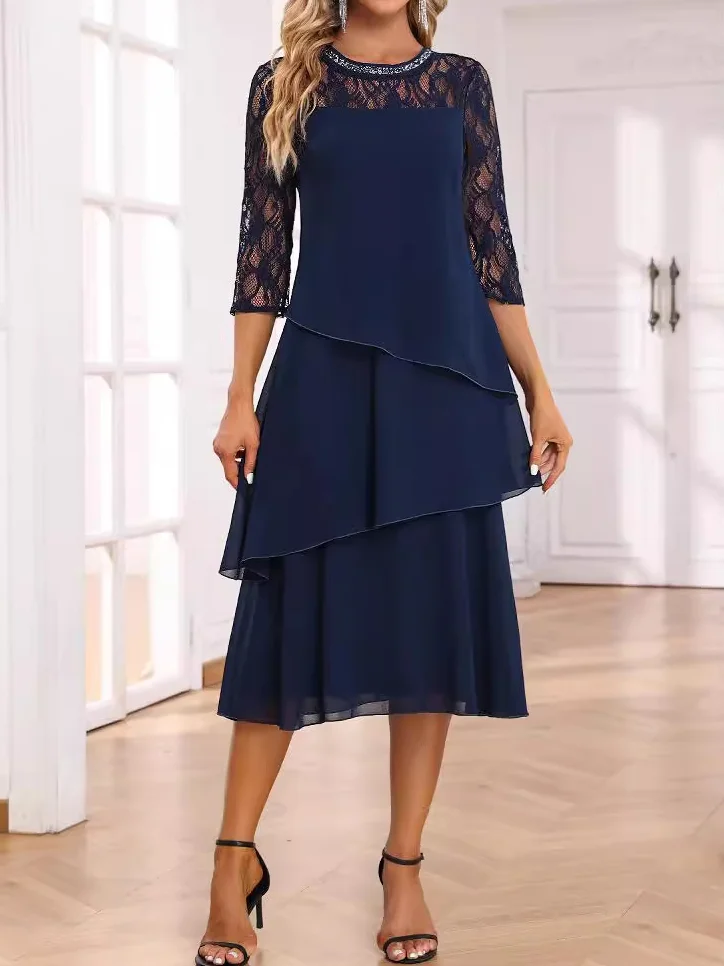 Women's Half Sleeve Summer Navyblue Plain Crew Neck Holiday Going Out Casual Maxi A-Line Dress