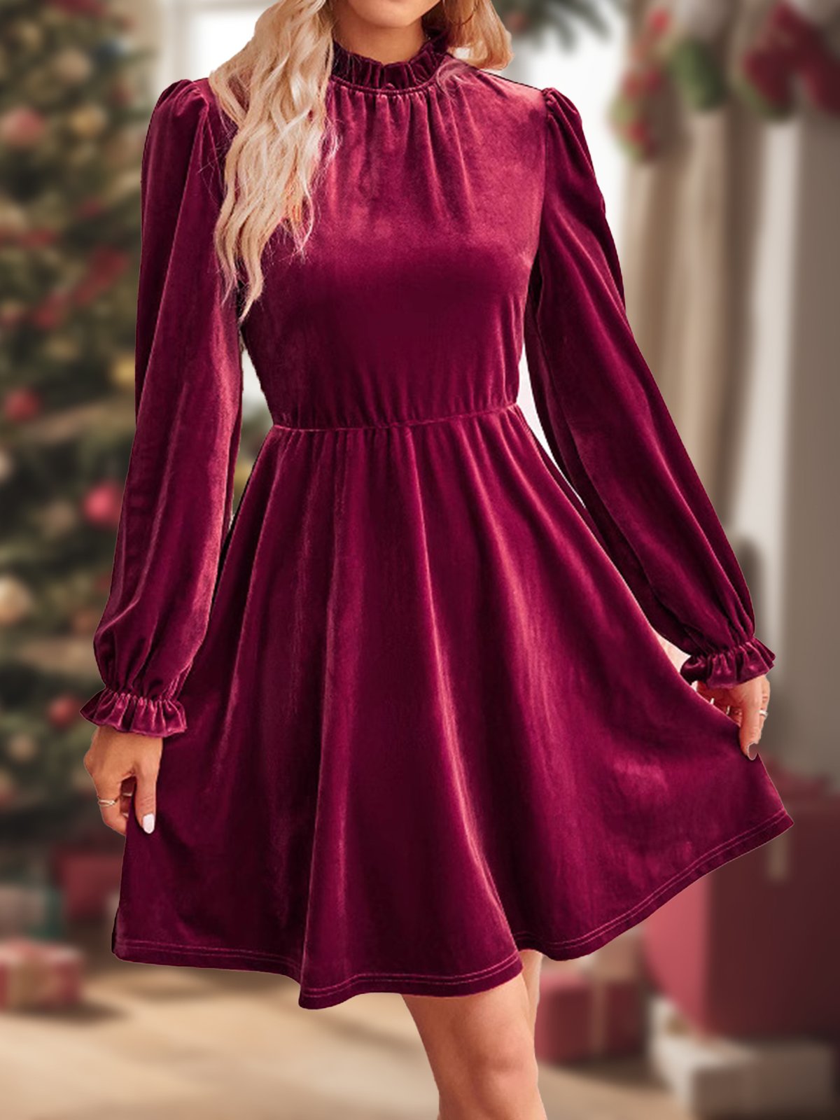 Women's Long Sleeve Spring/Fall Wine Red Plain Holiday Going Out Elegant Midi H-Line Dress