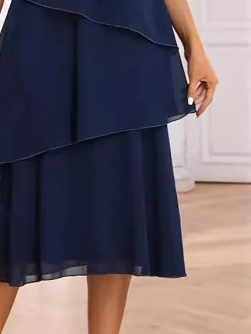 Women's Half Sleeve Summer Navyblue Plain Crew Neck Holiday Going Out Casual Maxi A-Line Dress