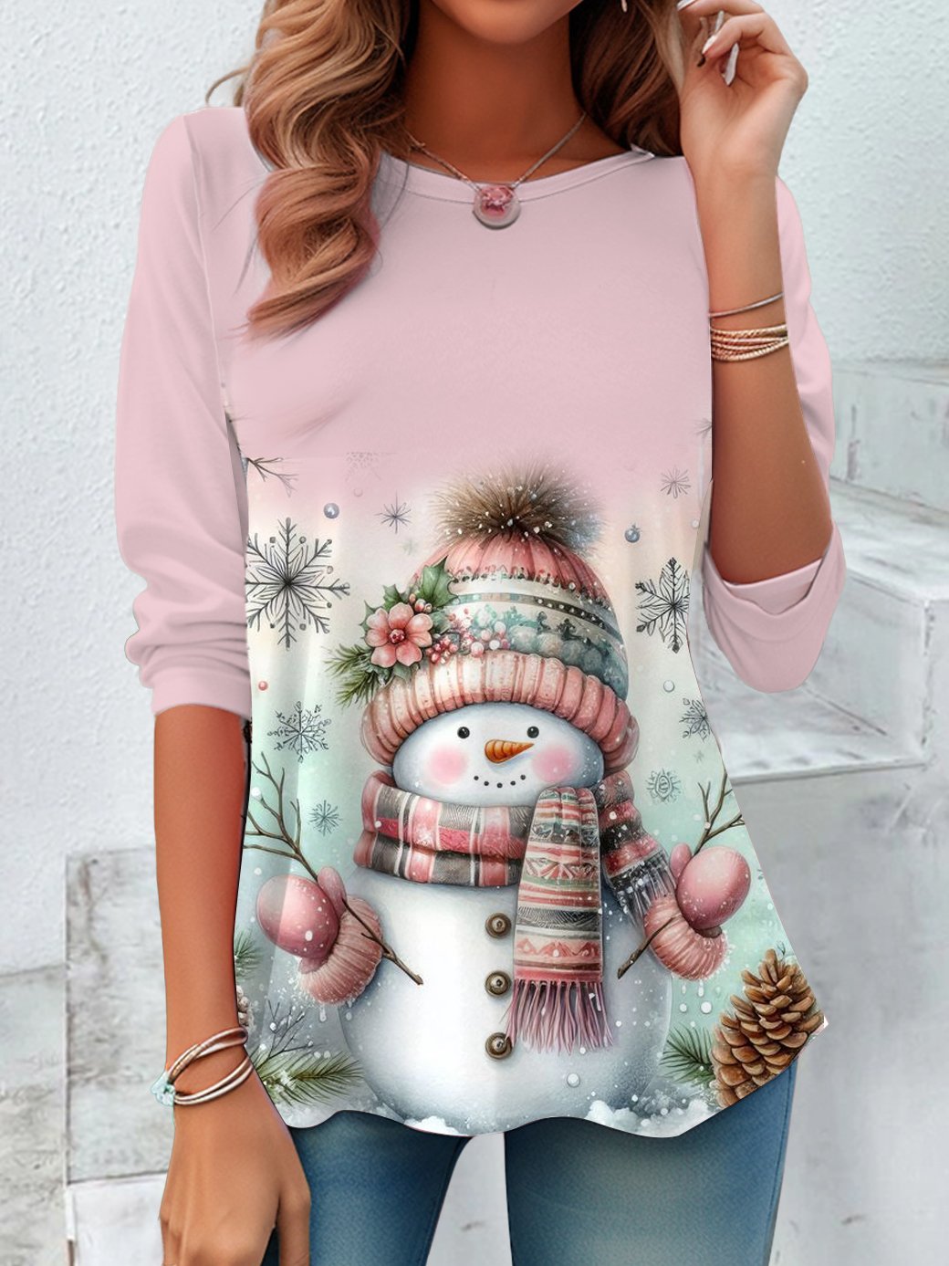 Women's Long Sleeve T-shirt Spring/Fall Pink Christmas Snowman Printing Jersey Crew Neck Holiday Going Out Casual Top