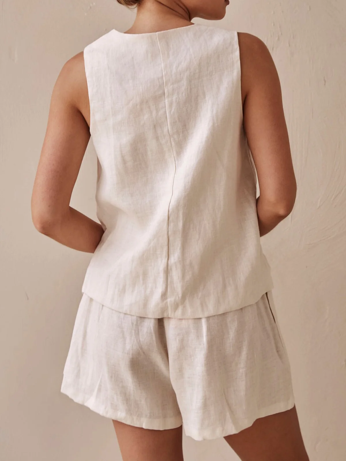 Linen V Neck Cotton And Linen Regular Fit Two-Piece Set