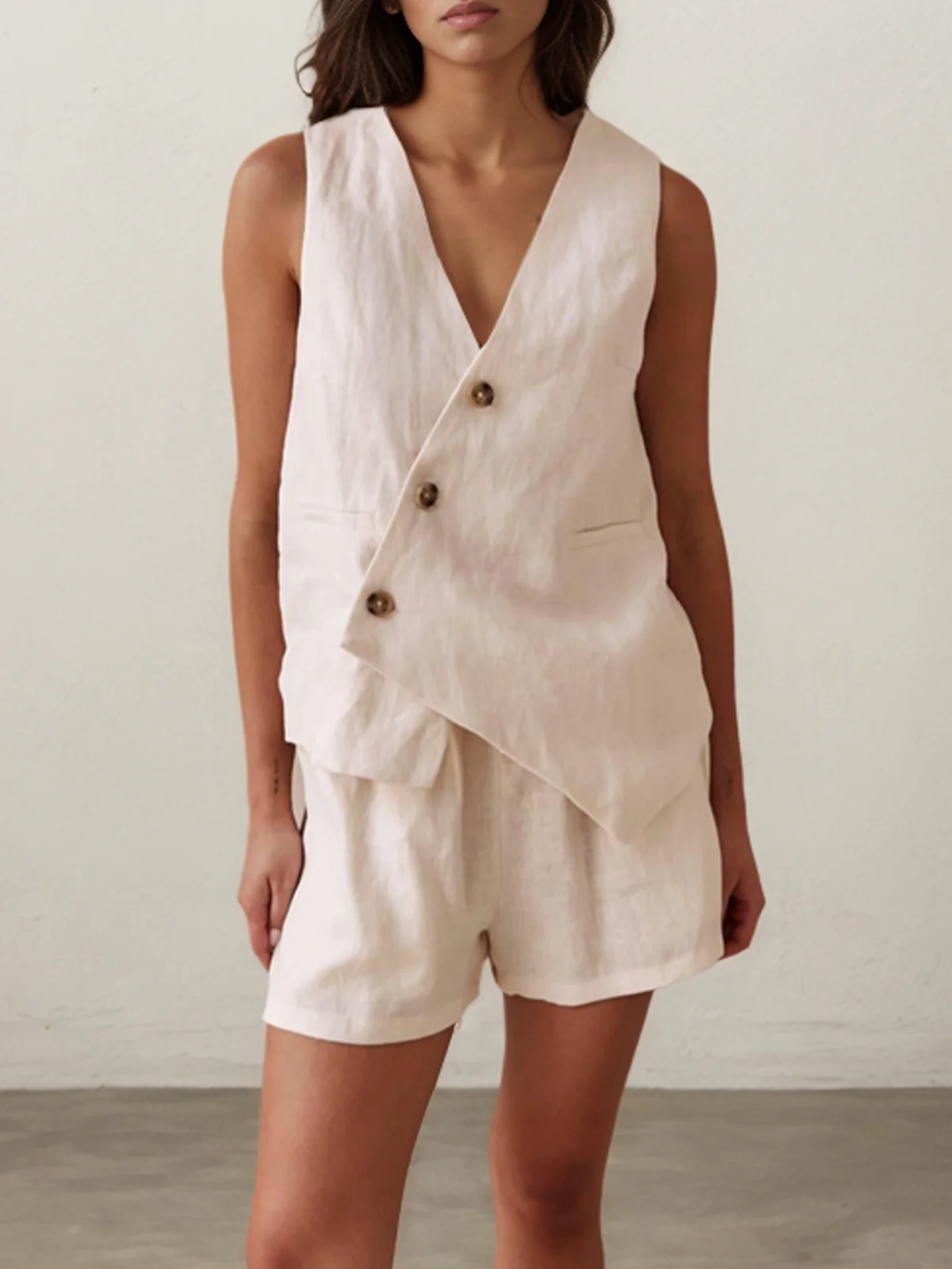 Linen V Neck Cotton And Linen Regular Fit Two-Piece Set