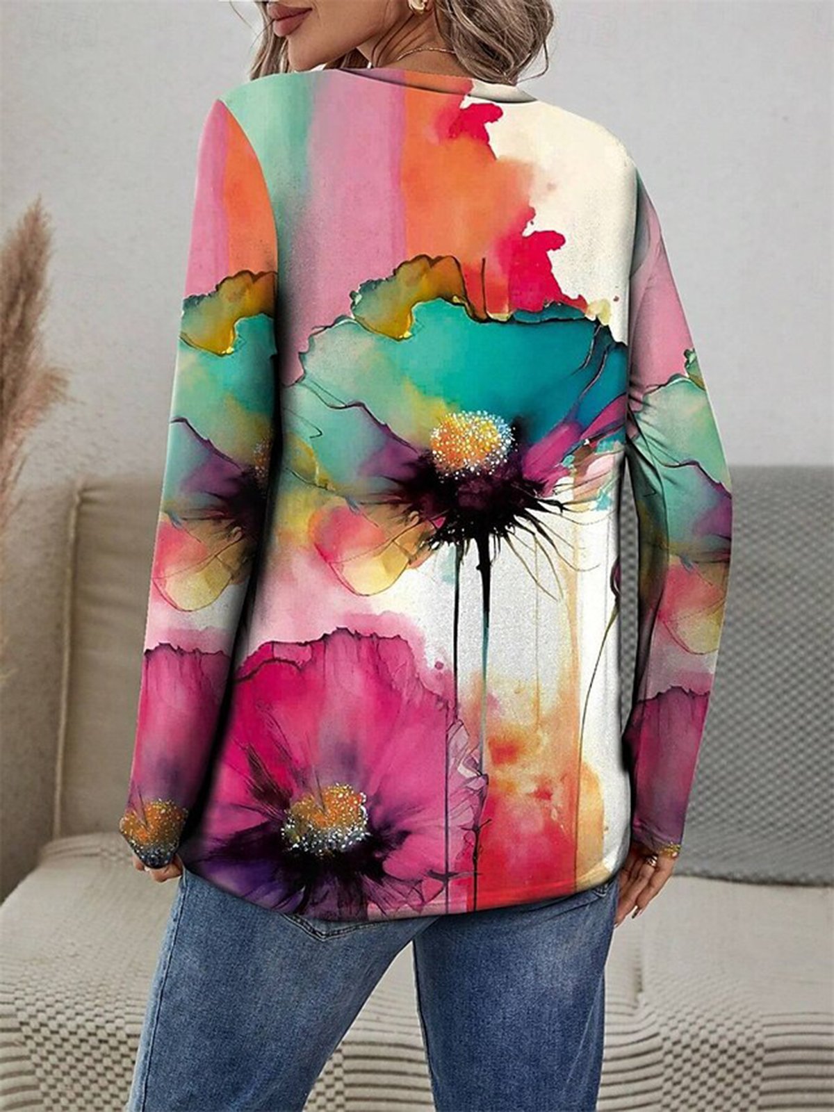 Women's Long Sleeve T-shirt Spring/Fall Multicolor Floral Printing Jersey Crew Neck Daily Going Out Casual Top