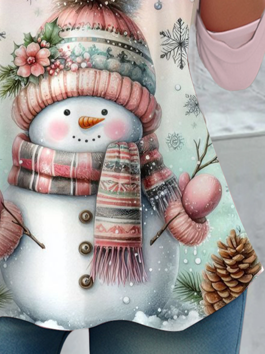 Women's Long Sleeve T-shirt Spring/Fall Pink Christmas Snowman Printing Jersey Crew Neck Holiday Going Out Casual Top