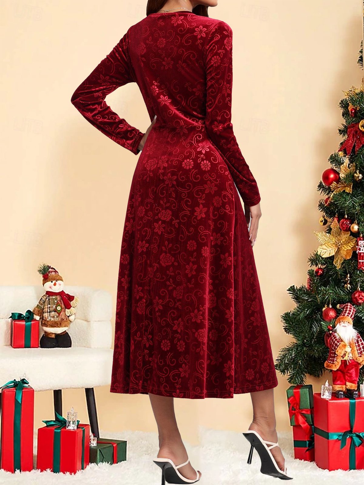 Women's Long Sleeve Spring/Fall Red Plain V Neck Holiday Going Out Casual Maxi H-Line Dress