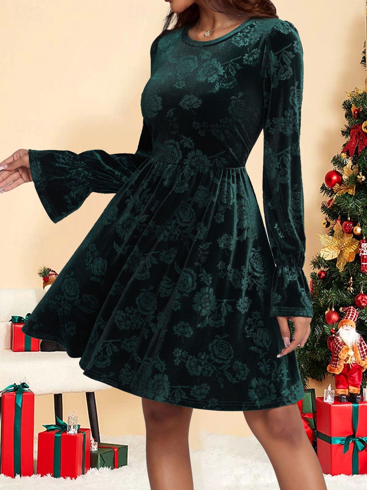 Women's Long Sleeve Spring/Fall Green Floral Crew Neck Holiday Going Out Casual Midi H-Line Dress