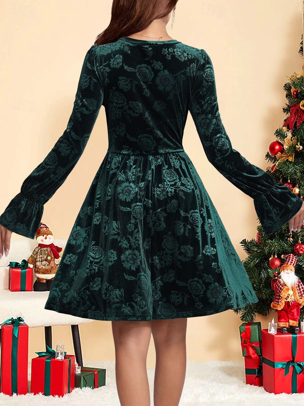 Women's Long Sleeve Spring/Fall Green Floral Crew Neck Holiday Going Out Casual Midi H-Line Dress