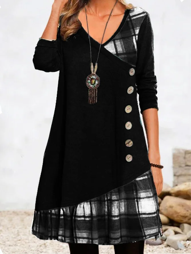 Casual Plaid Panel Loose Crew Neck Dress