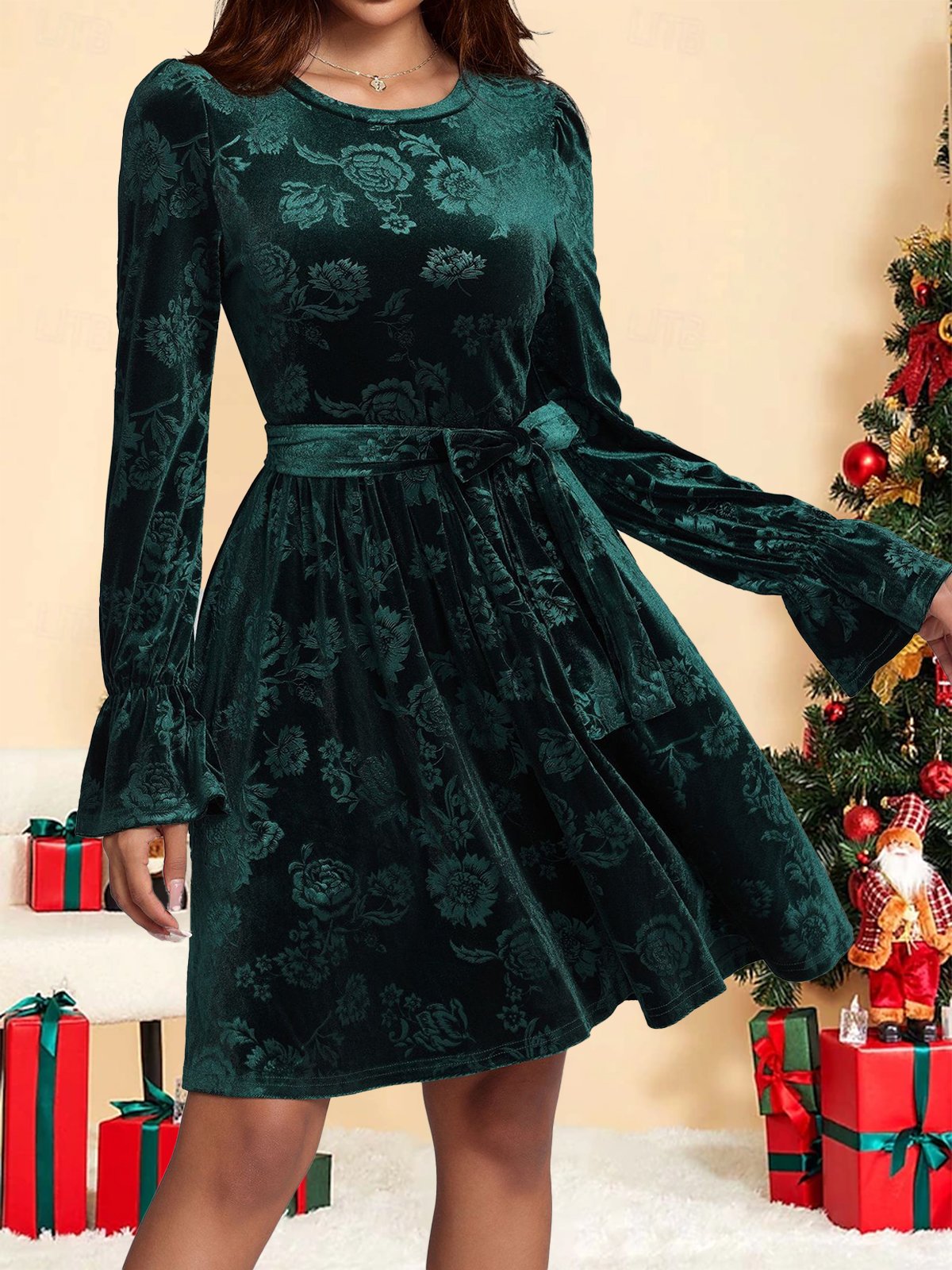 Women's Long Sleeve Spring/Fall Green Floral Crew Neck Holiday Going Out Casual Midi H-Line Dress