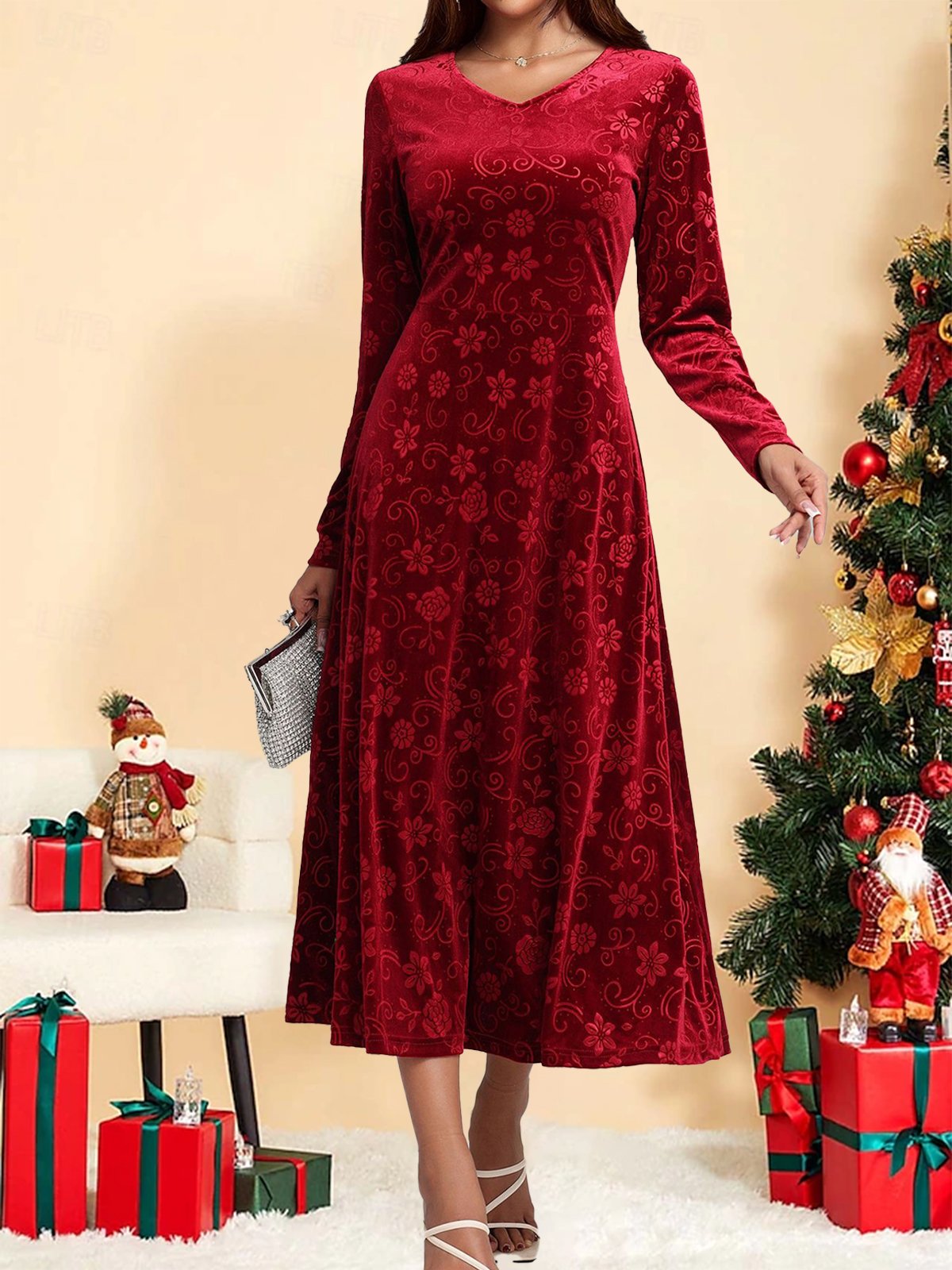 Women's Long Sleeve Spring/Fall Red Plain V Neck Holiday Going Out Casual Maxi H-Line Dress