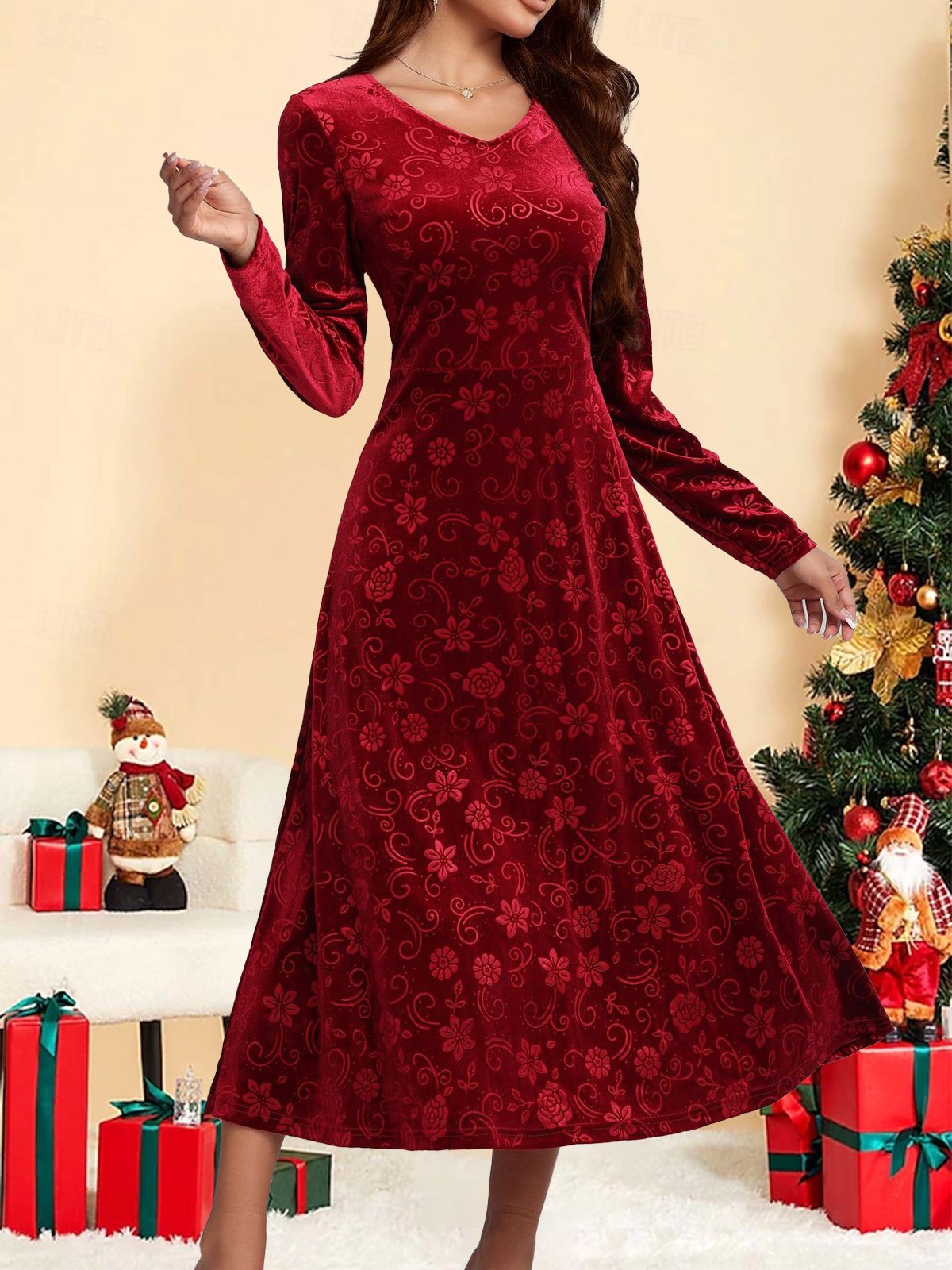 Women's Long Sleeve Spring/Fall Red Plain V Neck Holiday Going Out Casual Maxi H-Line Dress