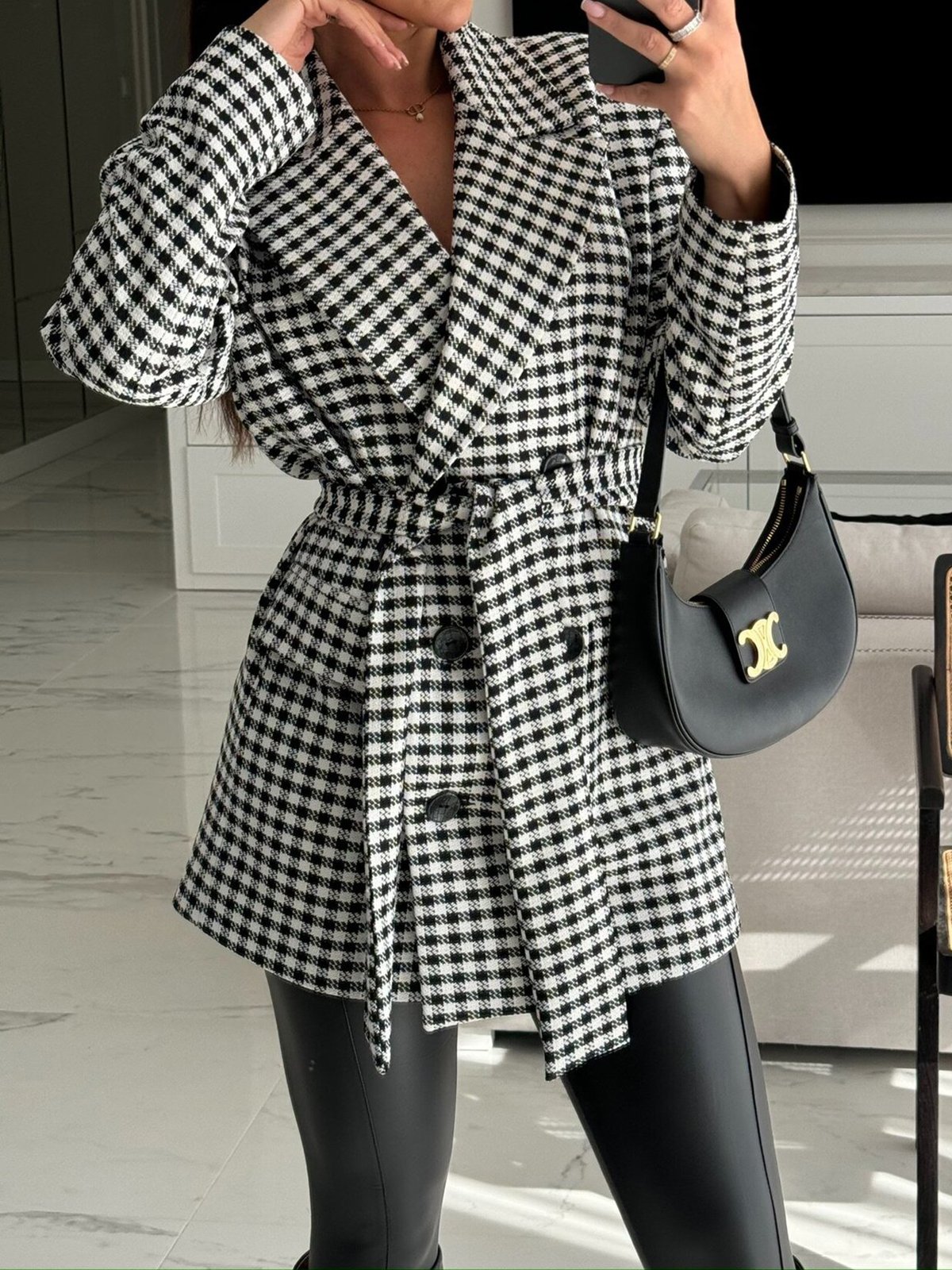 Houndstooth Casual Regular Fit Blazer With Belt