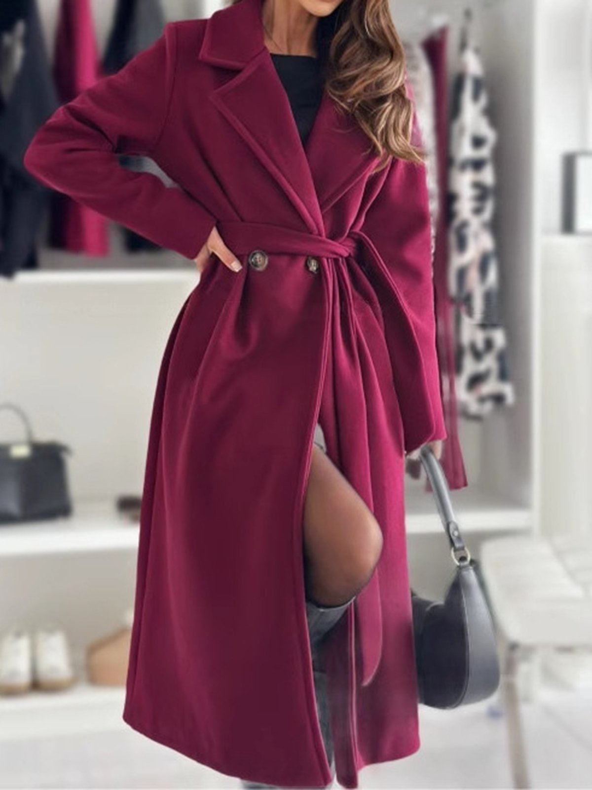 Casual Loose Buckle Plain Coat With Belt