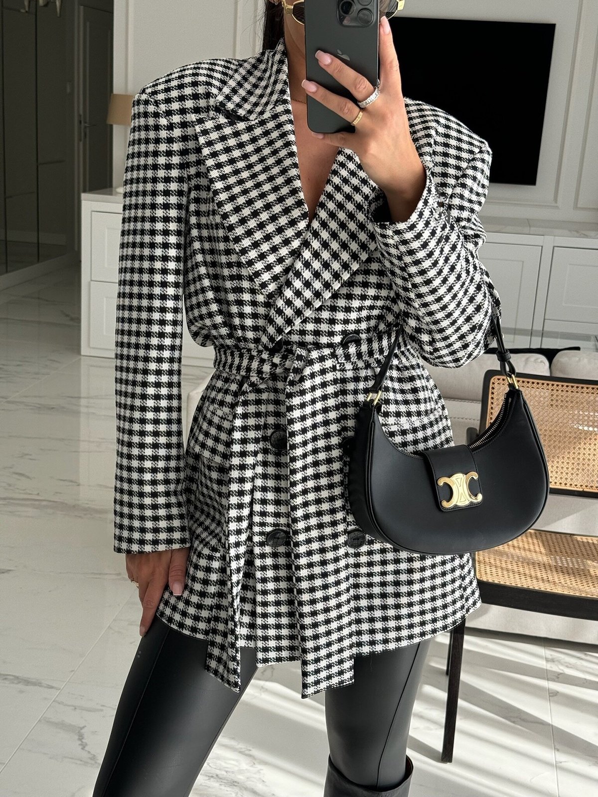 Houndstooth Casual Regular Fit Blazer With Belt