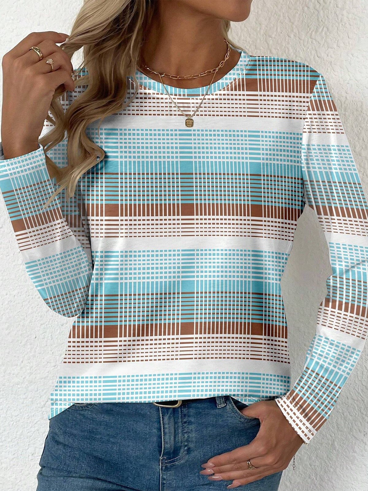 Women's Long Sleeve T-shirt Spring/Fall Blue Striped Jersey Crew Neck Daily Going Out Casual Top