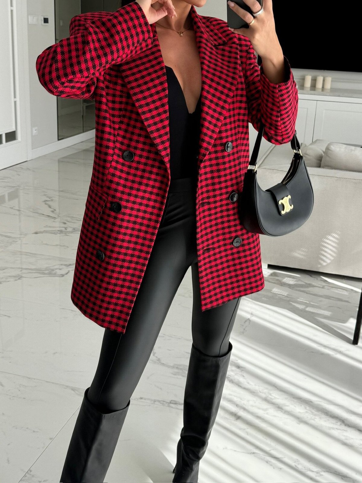 Houndstooth Casual Regular Fit Blazer With Belt