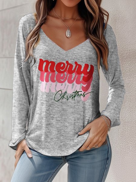 Casual Spring/Fall Christmas No Elasticity Daily Jersey Christmas Regular Regular T-shirts for Women