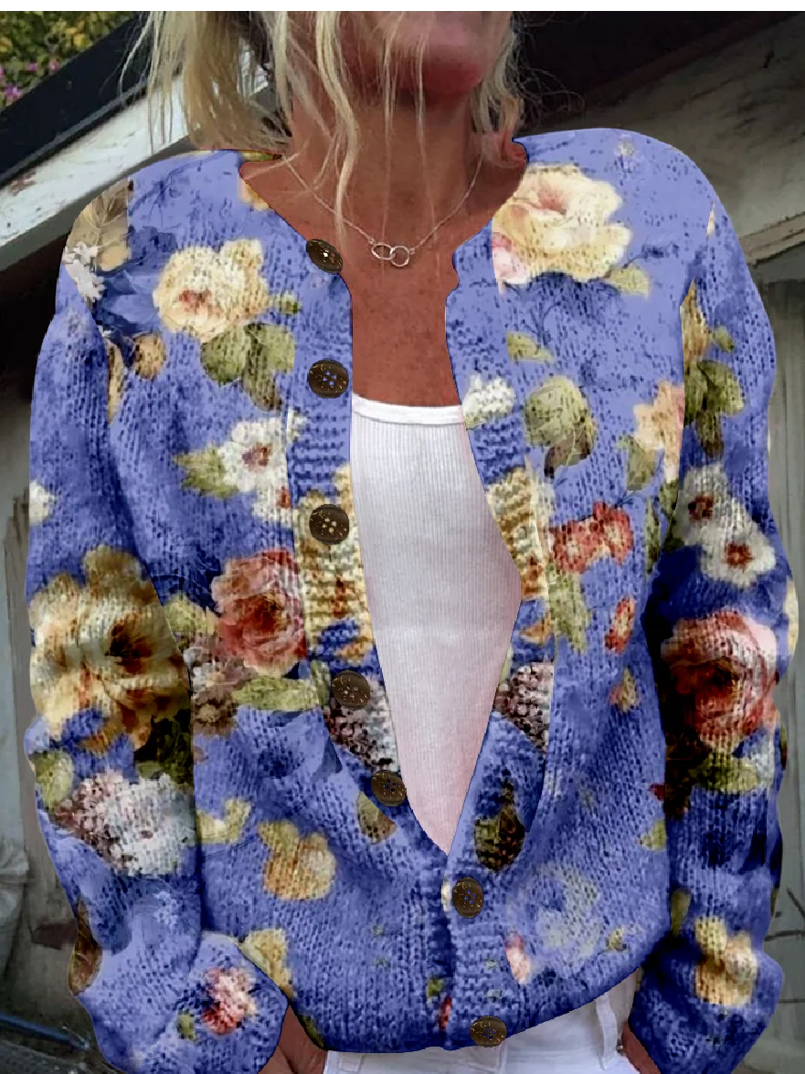 Retro Fresh Flowers Print Buttoned Cardigan Sweater