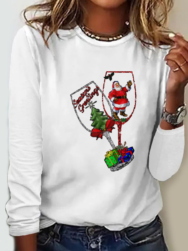 Crew Neck Casual Christmas Wine Glass Loose T-Shirt