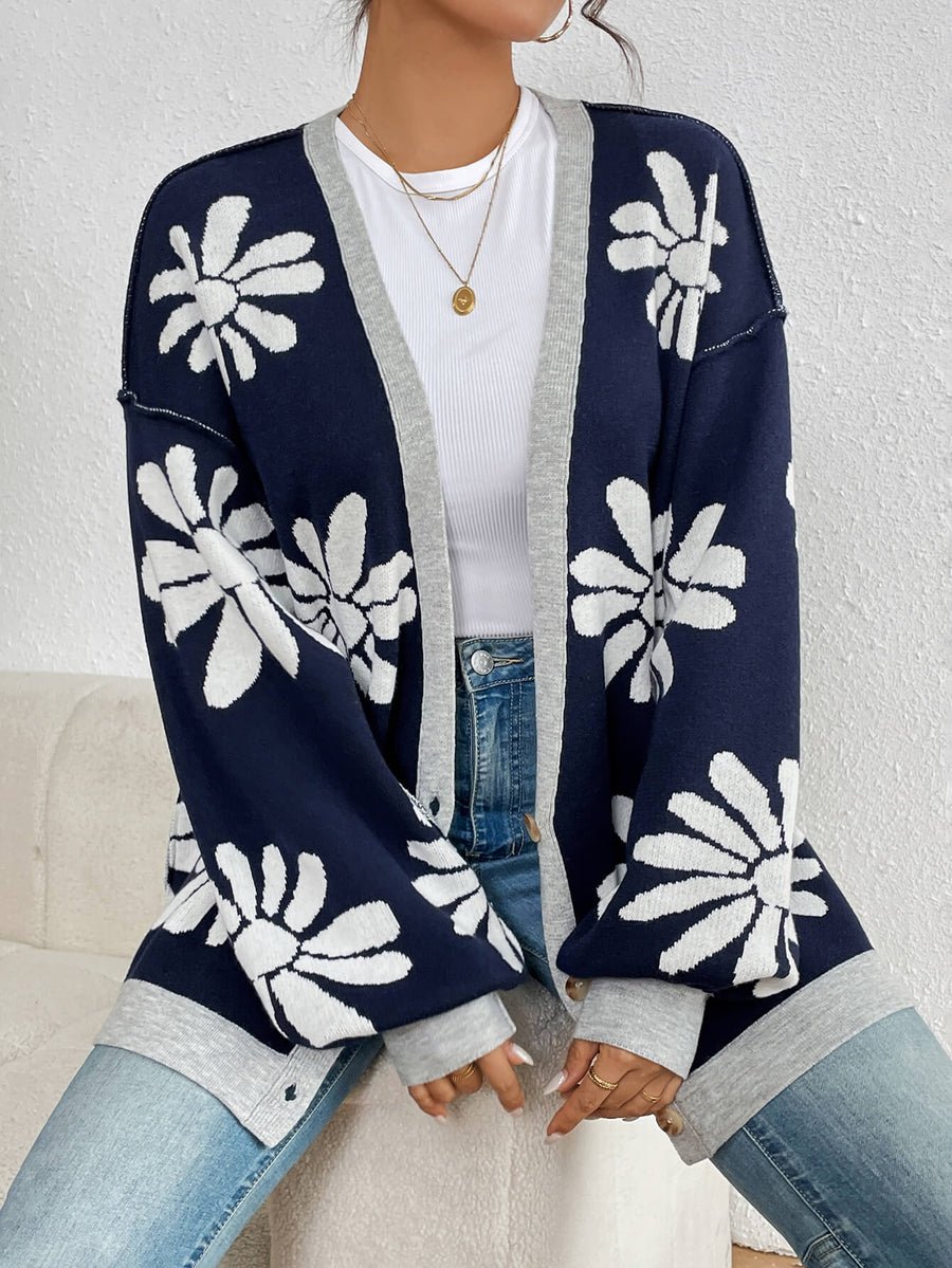 Floral V Neck Casual Cardigan