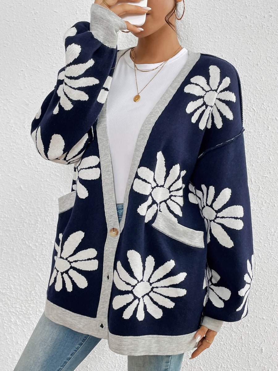 Floral V Neck Casual Cardigan