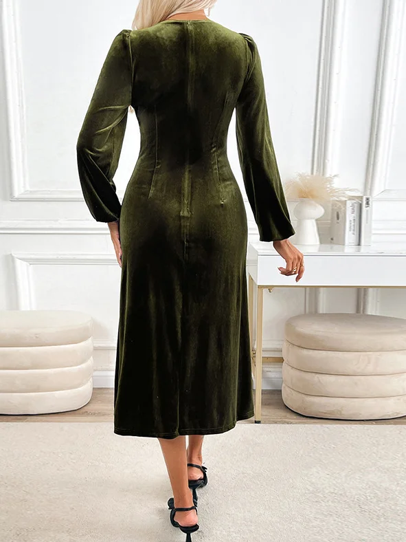 Women's Long Sleeve Spring/Fall darkgreen Plain V Neck Holiday Going Out Casual Midi H-Line Dress