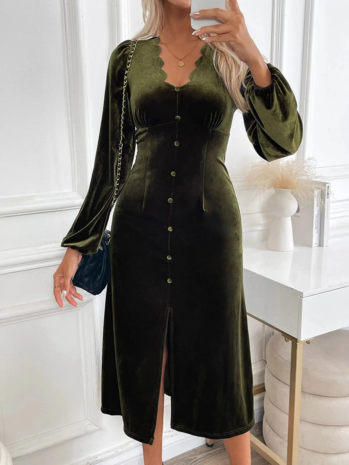 Women's Long Sleeve Spring/Fall darkgreen Plain V Neck Holiday Going Out Casual Midi H-Line Dress