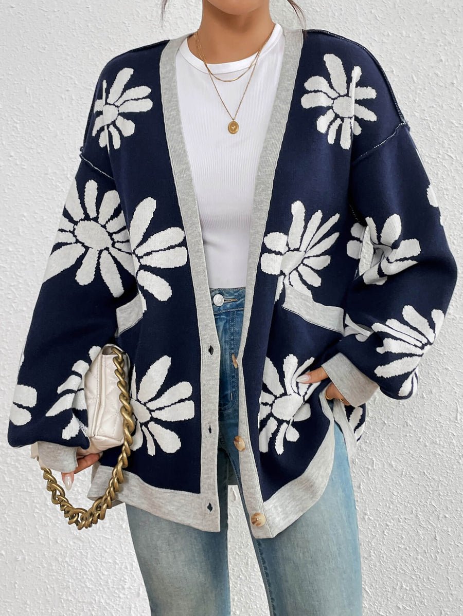 Floral V Neck Casual Cardigan