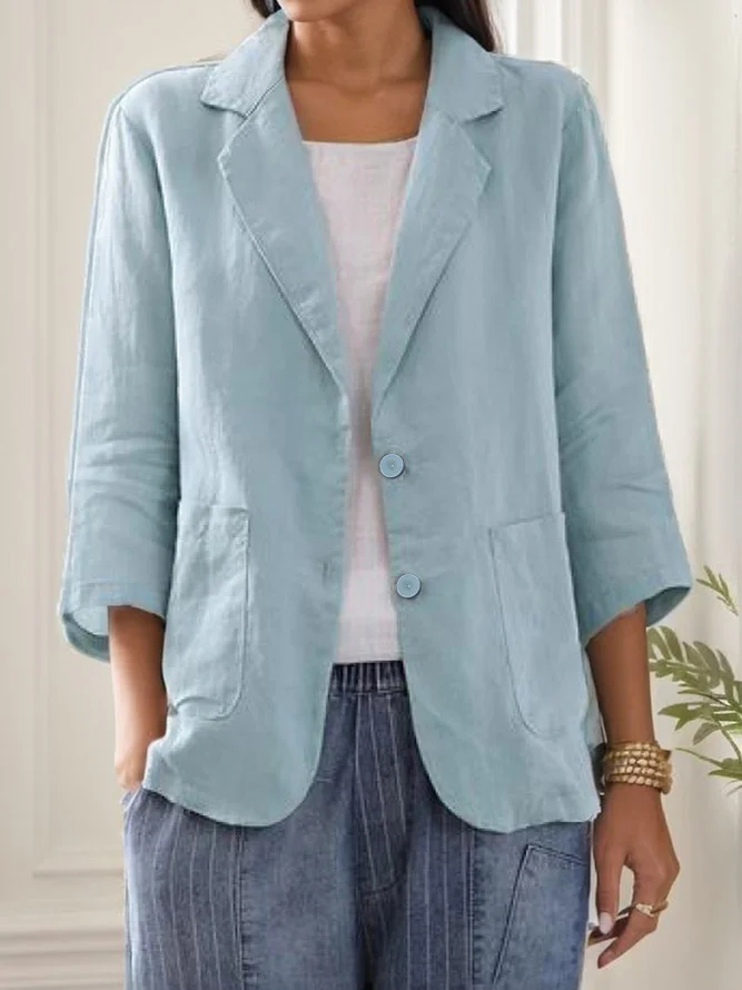 Casual Plain Cotton And Linen Blazer