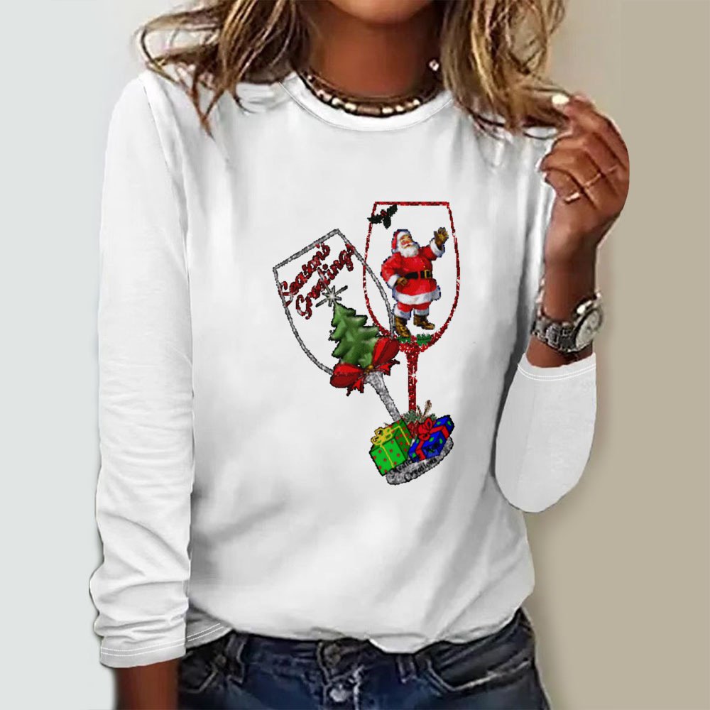 Crew Neck Casual Christmas Wine Glass Loose T-Shirt