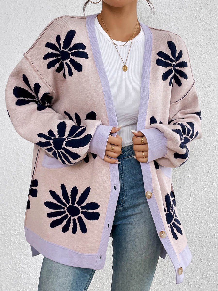 Floral V Neck Casual Cardigan