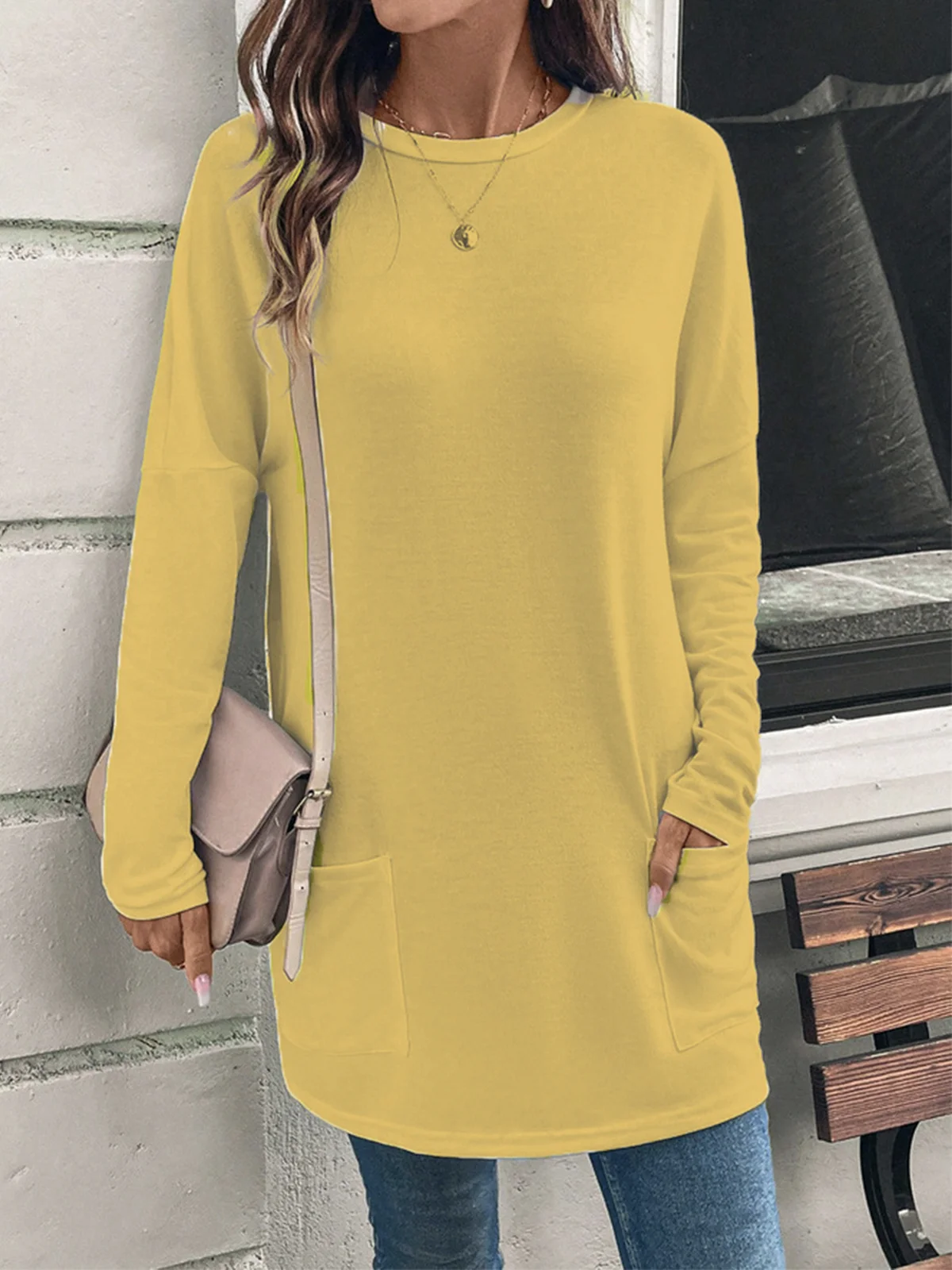 Loose Plain Casual Daily Jersey Long Sleeve Blouse