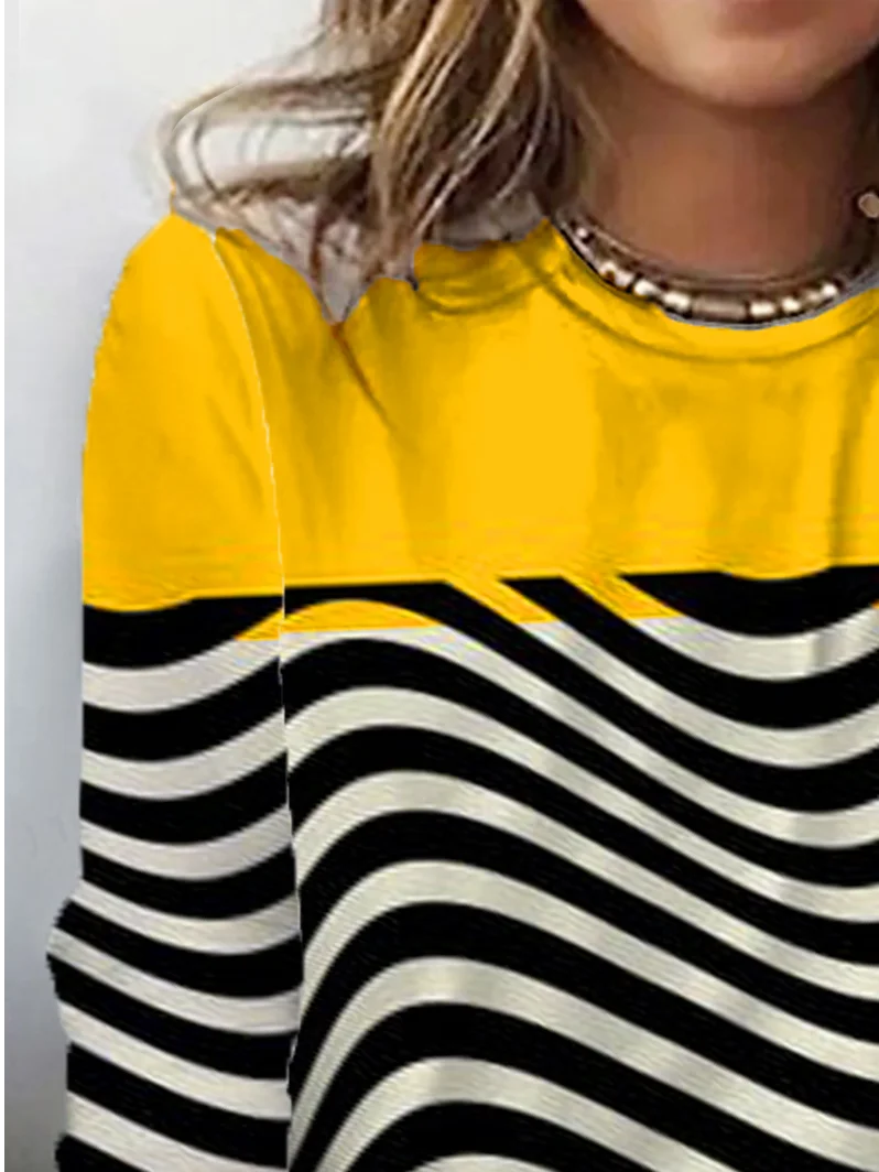 Women's Long Sleeve T-shirt Spring/Fall Yellow Striped Jersey Crew Neck Daily Going Out Casual Top